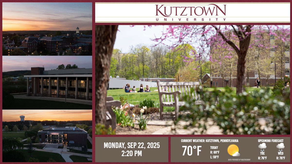 screengrab of KUIC digital screen display. Left side zone shows series of images in twilight of campus buildings. Right-side zone shows students sitting on campus with park bench in the foreground. Other zones show a Kutztown University logo, time, date and weather information.