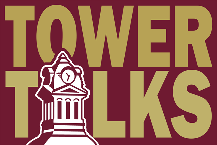 "tower talks" logo with tthe wording of the show including a tower replacing the A in talks.