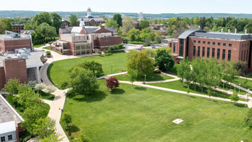 An aerial view of north campus academic buildings, facing toward the south