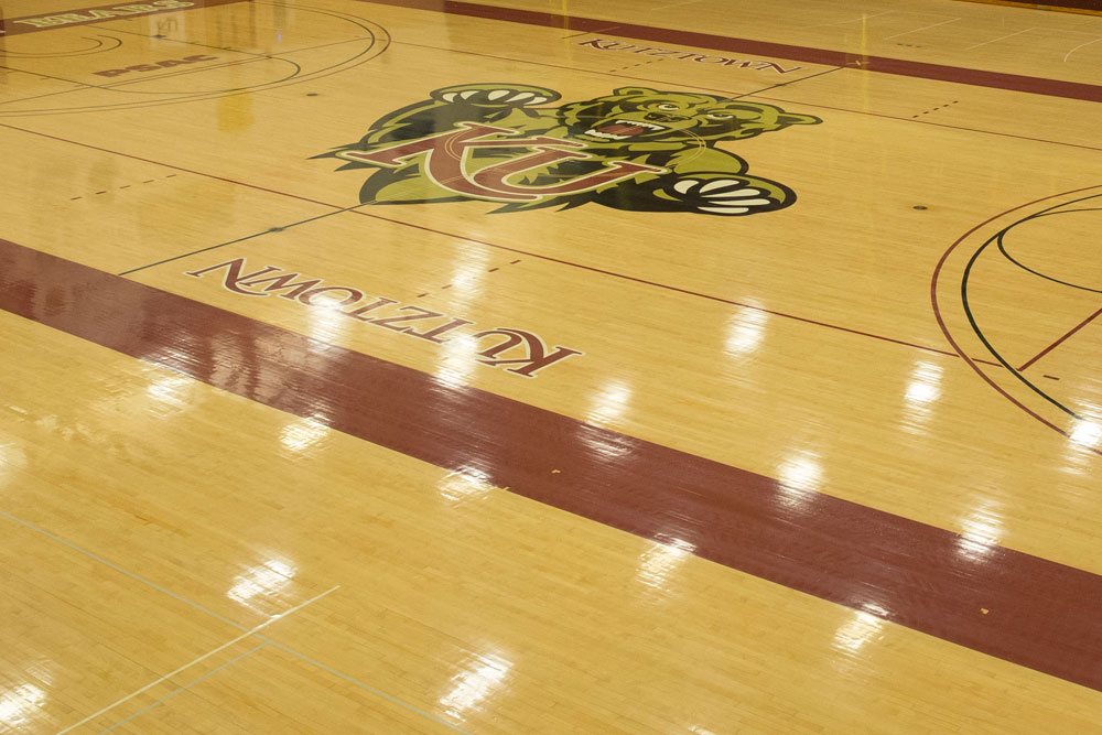 Empty floor in keystone arena featuring the athletics logo center court